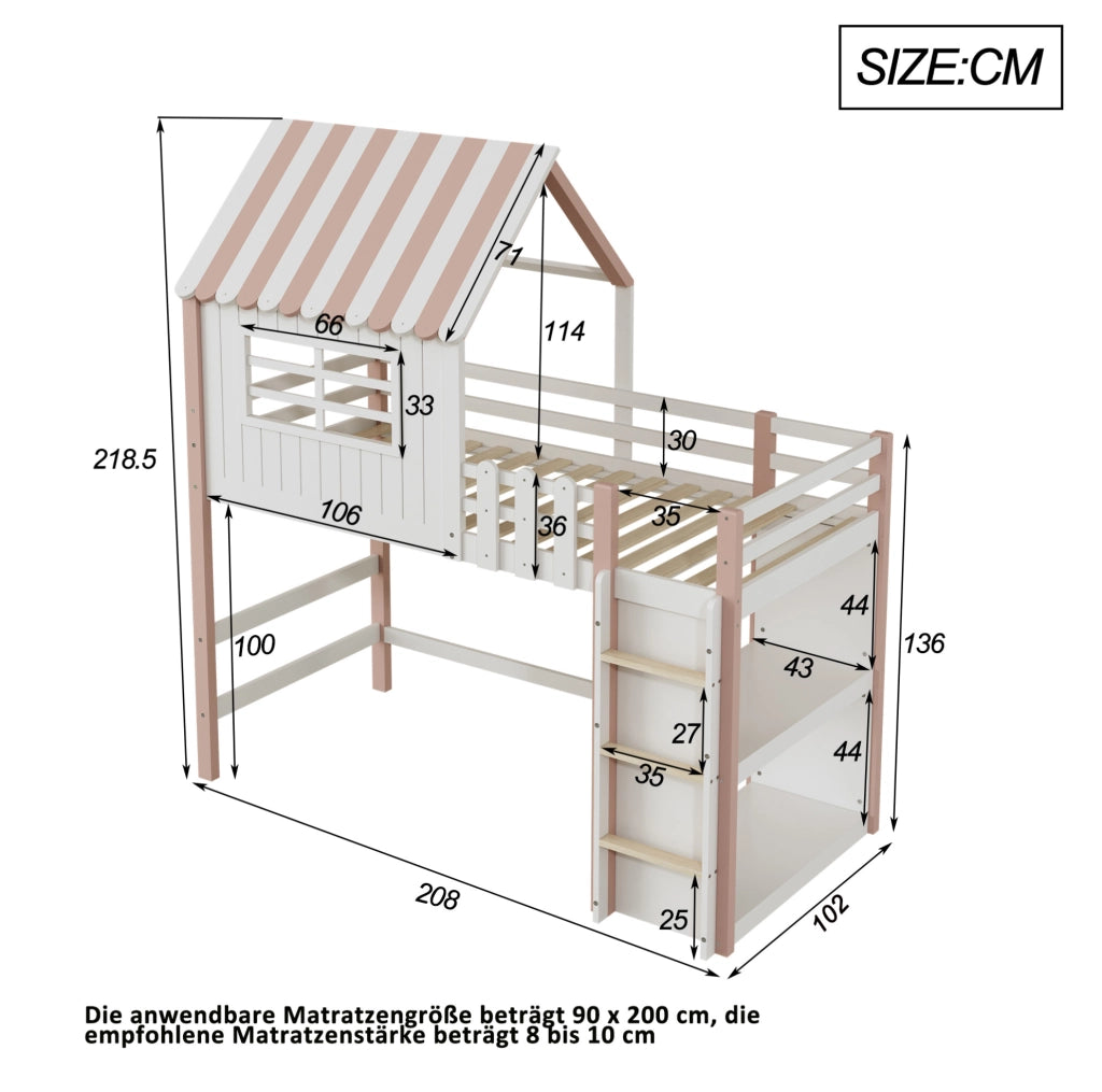 Letto per bambini 90x200 cm in legno massiccio con soppalco e scala di sicurezza rosa
