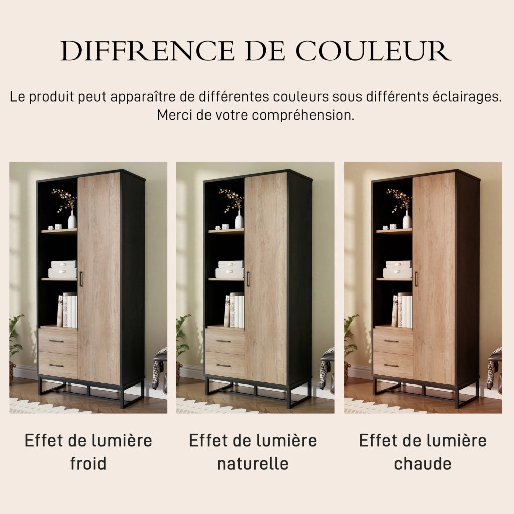 Mobile Highboard 80x40x180 cm in Legno Chiaro con Struttura Nera, 1 Porta, 2 Cassetti e 3 Ripiani Aperti