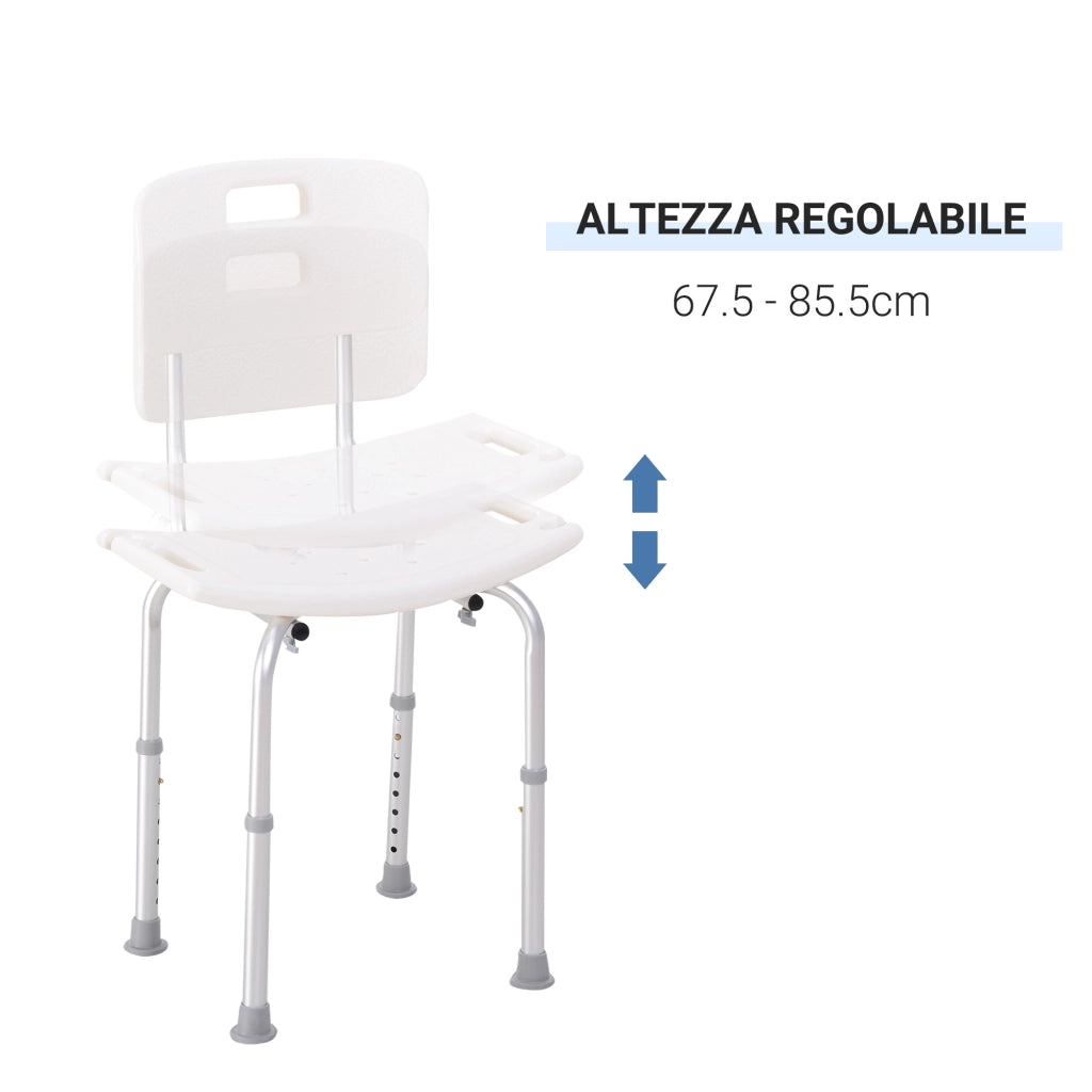Sedia da Doccia Regolabile Antiscivolo in Alluminio e Plastica con Ventose e Fori di Drenaggio, 50.6x43x71-88 cm