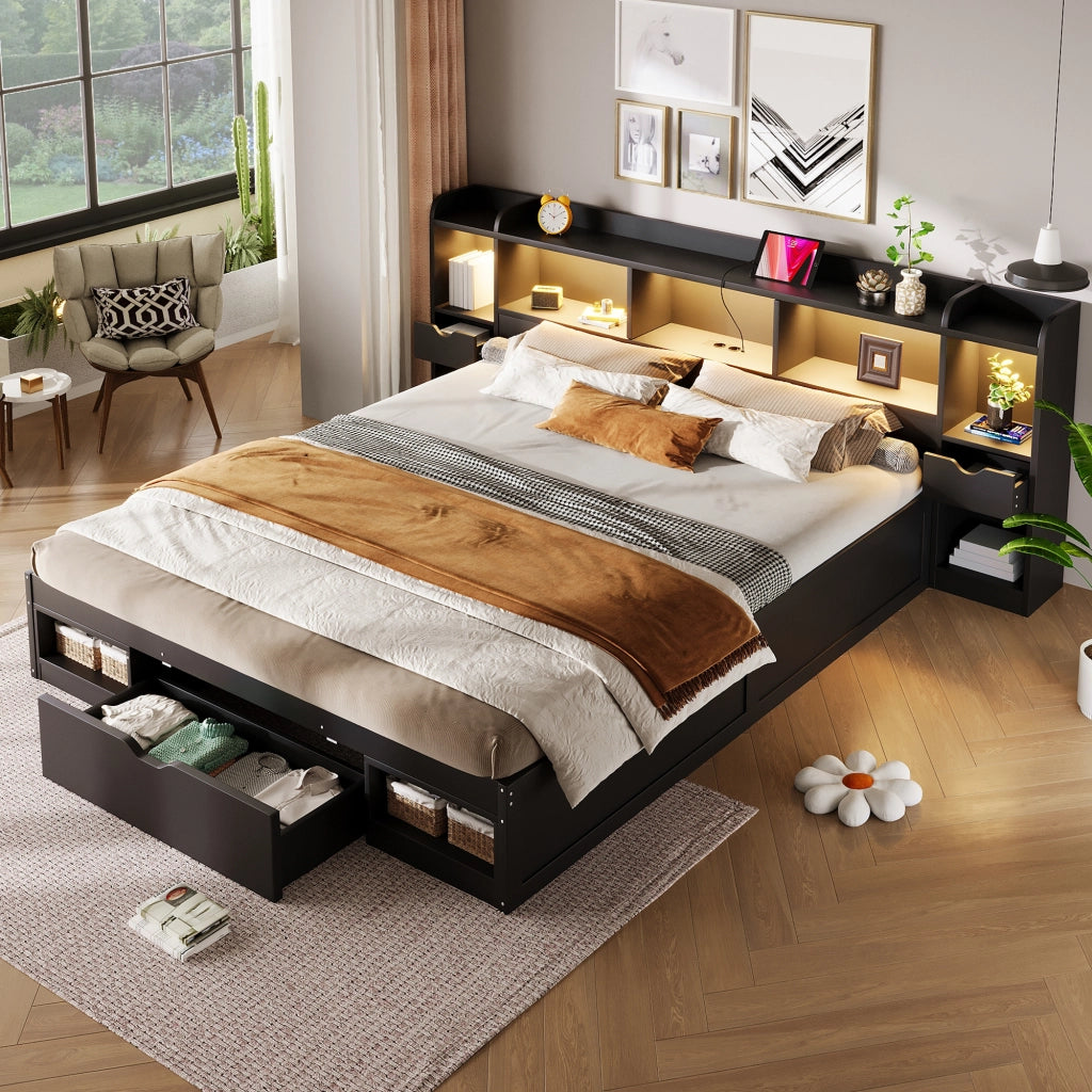 Letto con 3 cassetti e LED ¨C Minimal ¨C Nero 180x200cm