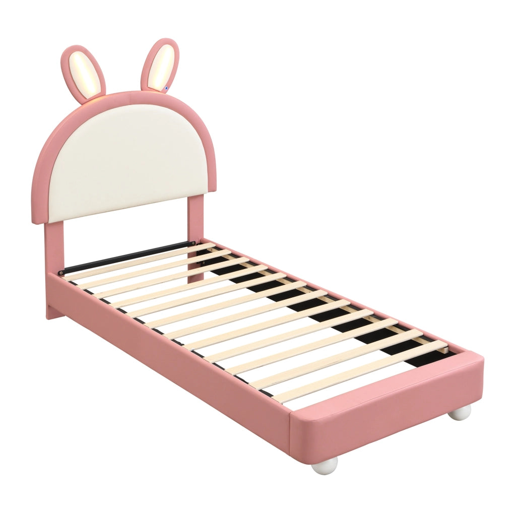 Letto singolo imbottito con testiera a coniglio e LED; 90 x 200 cm; rosa