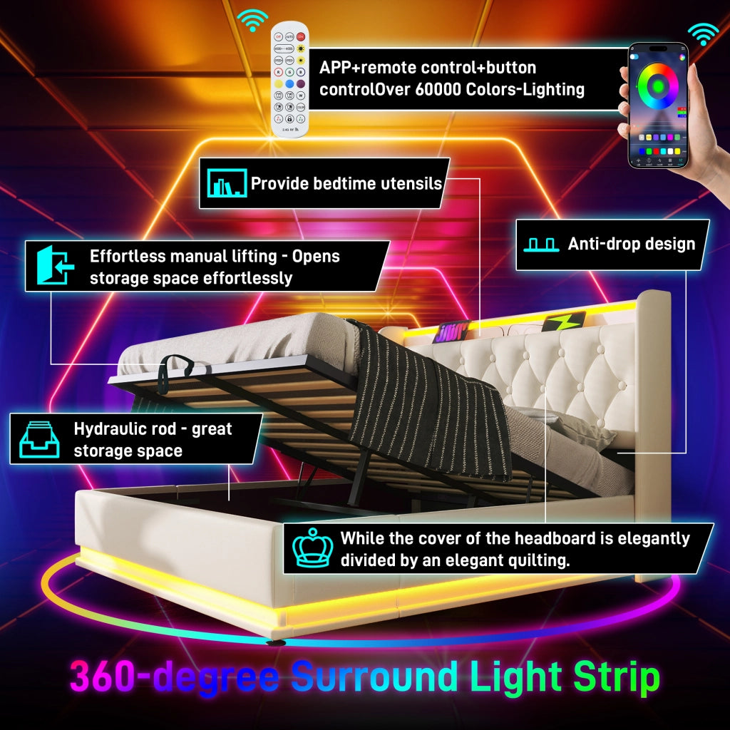Letto matrimoniale 140 × 190 cm con contenitore idraulico; LED; USB e Type-C; senza materasso; in PU bianco