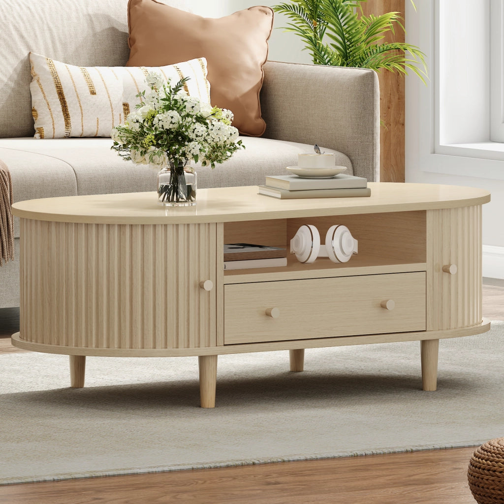 Tavolino da salotto ovale con cassetto, vano aperto e 2 ante a rullo per soggiorno, in mdf rovere, 100 × 50 × 36 cm