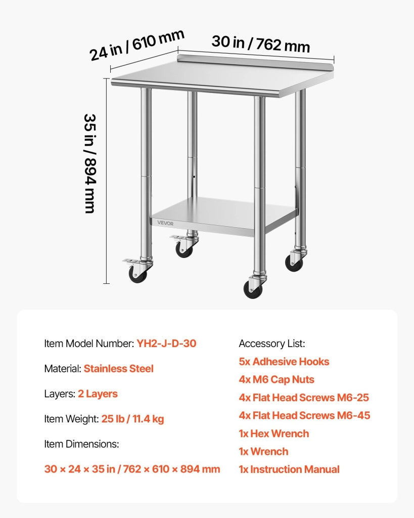Tavolo da Lavoro in Acciaio Inox con Ruote 762 x 610 x 894 mm Carico 204 kg Tavolo per Cucina con Alzatina e Ripiano