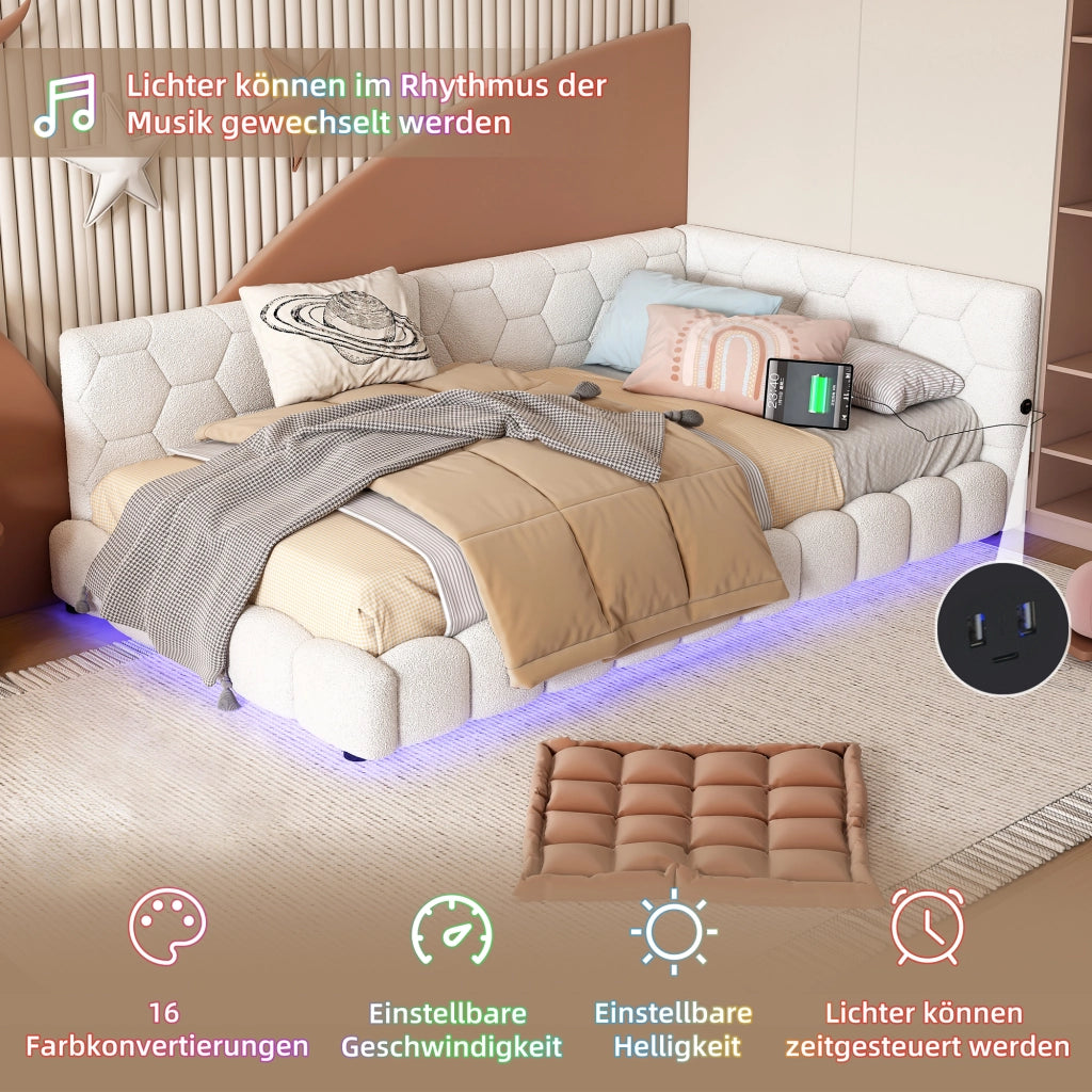 Letto divano singolo 90 × 200 cm con LED regolabile; USB e porta di tipo C; senza materasso; bianco