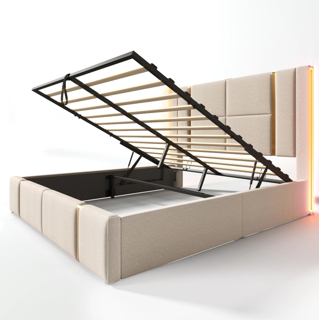 Letto imbottito 140x200 con USB, Type-C, LED RGB e contenitore