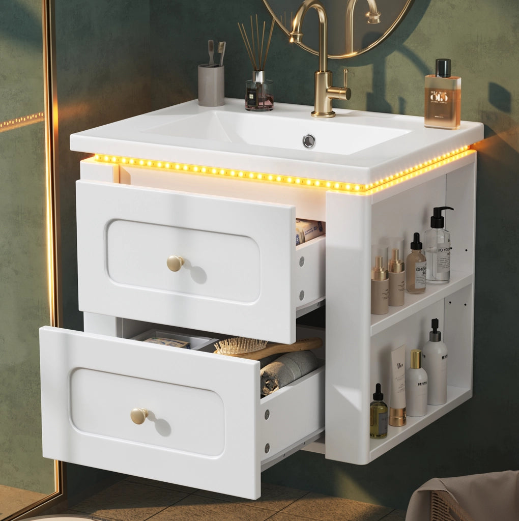 Mobile bagno sospeso 61 cm con lavabo in ceramica, LED e cassetti bianco