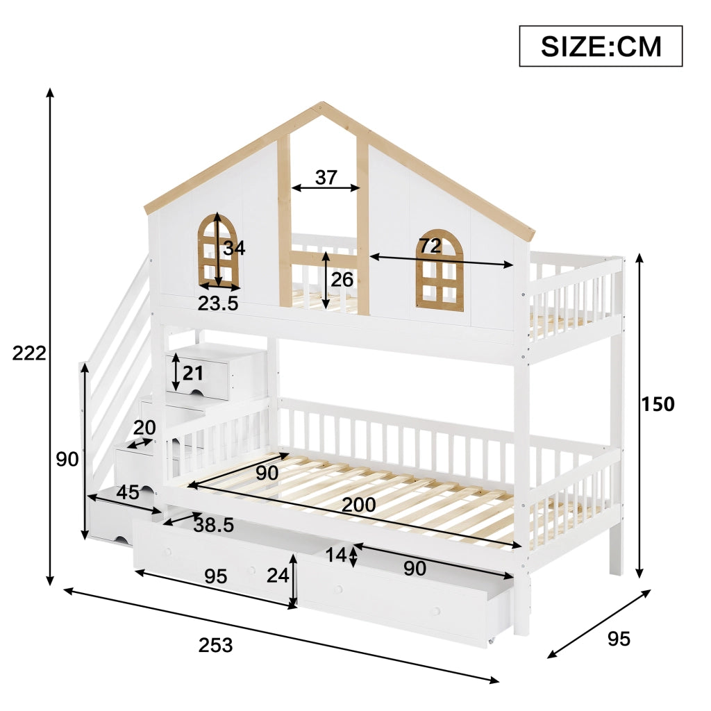Letto a Castello per Bambini 90x200 cm con Design Casetta con Finestre, 2 Cassetti, Scala Contenitore, Bianco E Naturale