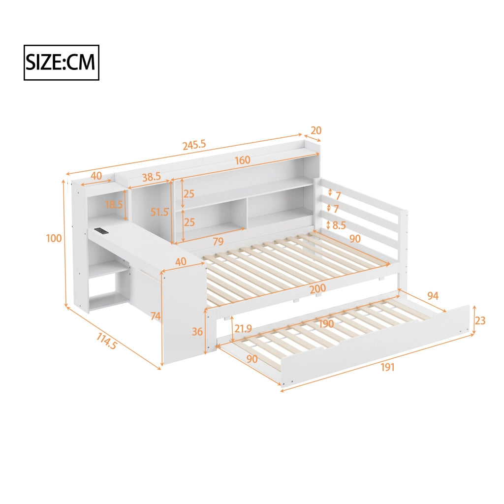 Letto multifunzione 90x200 cm in legno bianco con letto estraibile, scrivania e prese USB
