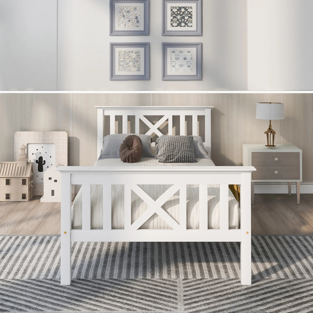 Letto singolo con testiera a X 90x200 cm in legno massello bianco