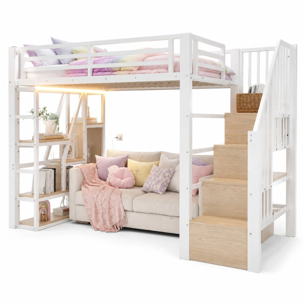 Letto a soppalco per bambini 90x200 cm con LED; scaletta contenitore e ripiani; bianco