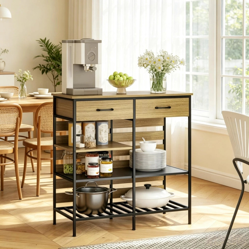 Credenza ULEVR 90x40x91 cm con 2 cassetti e 3 ripiani aperti, pannello truciolare e acciaio naturale e nero
