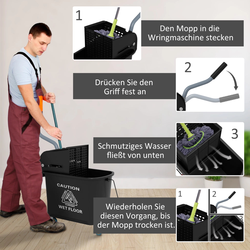 Carrello per le pulizie con secchio da 20 L, pressa e 2 scomparti, nero