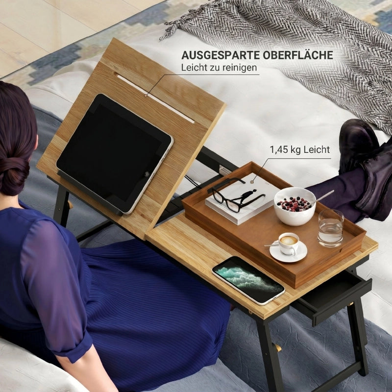 Tavolo da letto pieghevole e inclinabile con cassetto in bambù color rovere 83.5 × 33 × 23.5-34 cm
