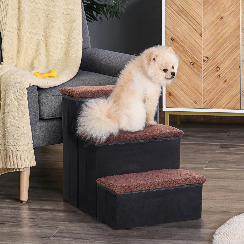 Scala pieghevole per animali domestici, 3 gradini con vano portaoggetti, MDF nero, 40x54x48 cm, per cani e gatti