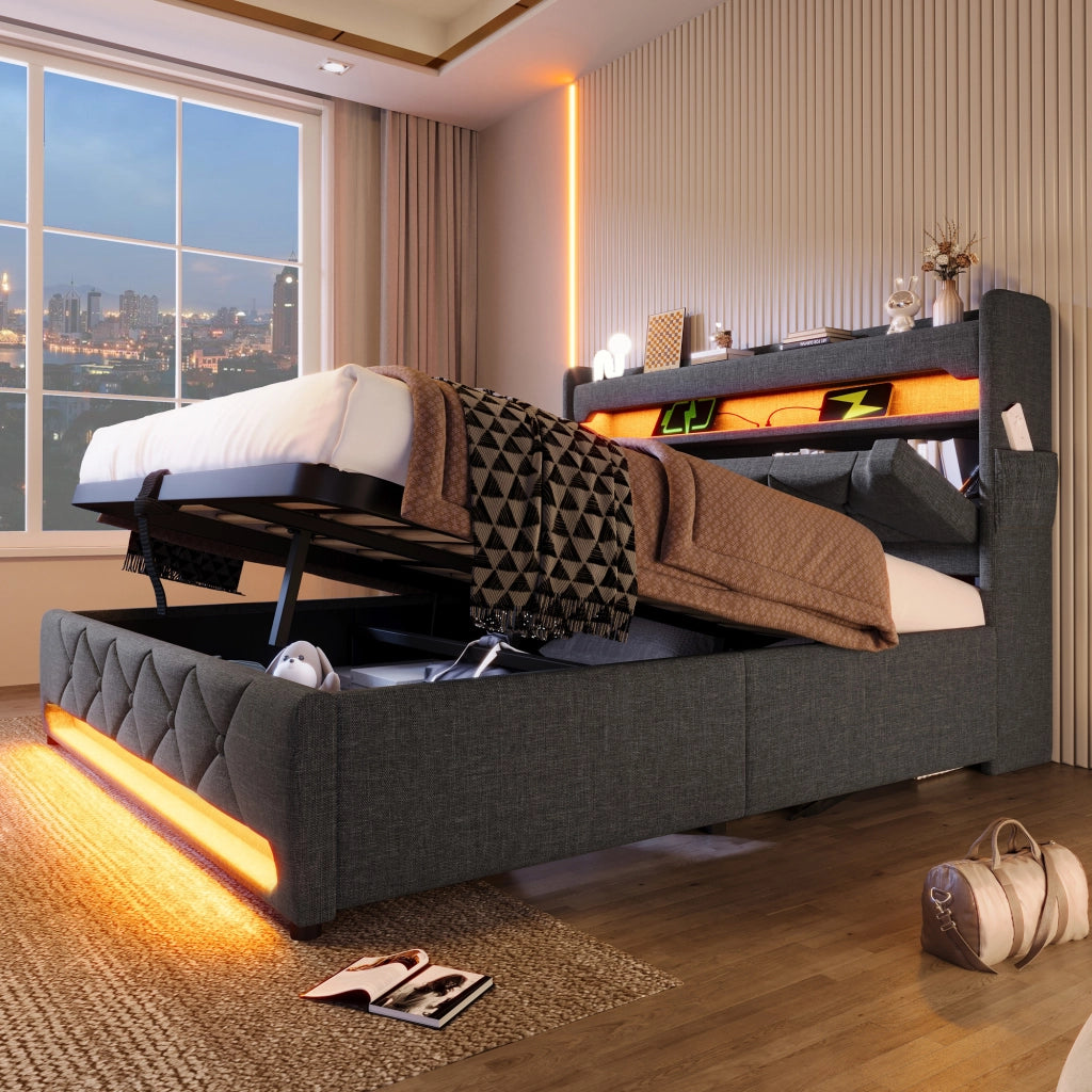 DESMIU Letto contenitore 160 × 200 cm 2 posti con LED, USB, Type C, senza materasso, grigio