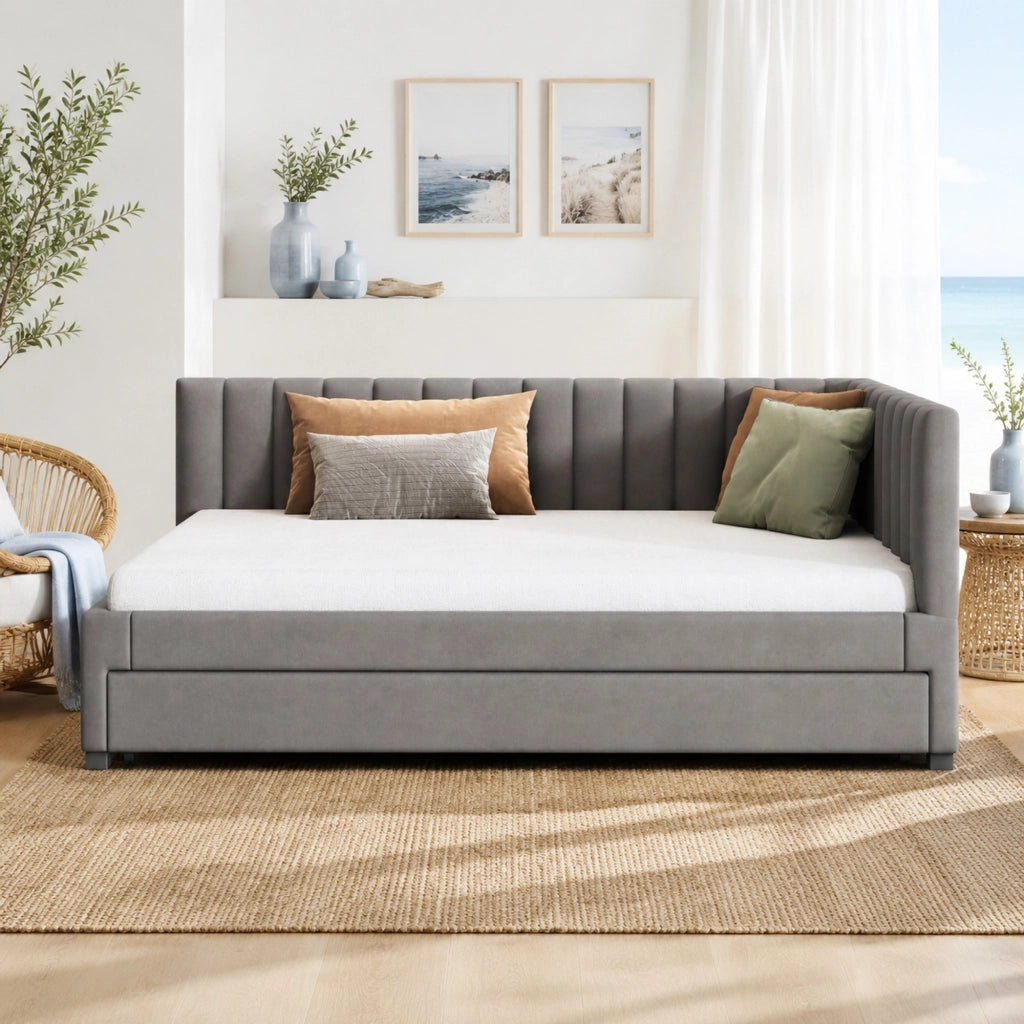 Divano letto 140 × 200 cm con letto estraibile 90 × 190 cm imbottito in velluto grigio con rete a doghe