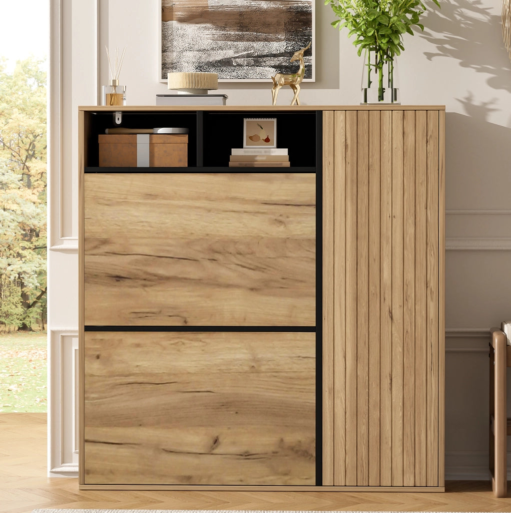 Scarpiera sottile con 2 ribalte e 1 anta, ripiani regolabili, design salvaspazio in legno e nero, 90x24x94 cm