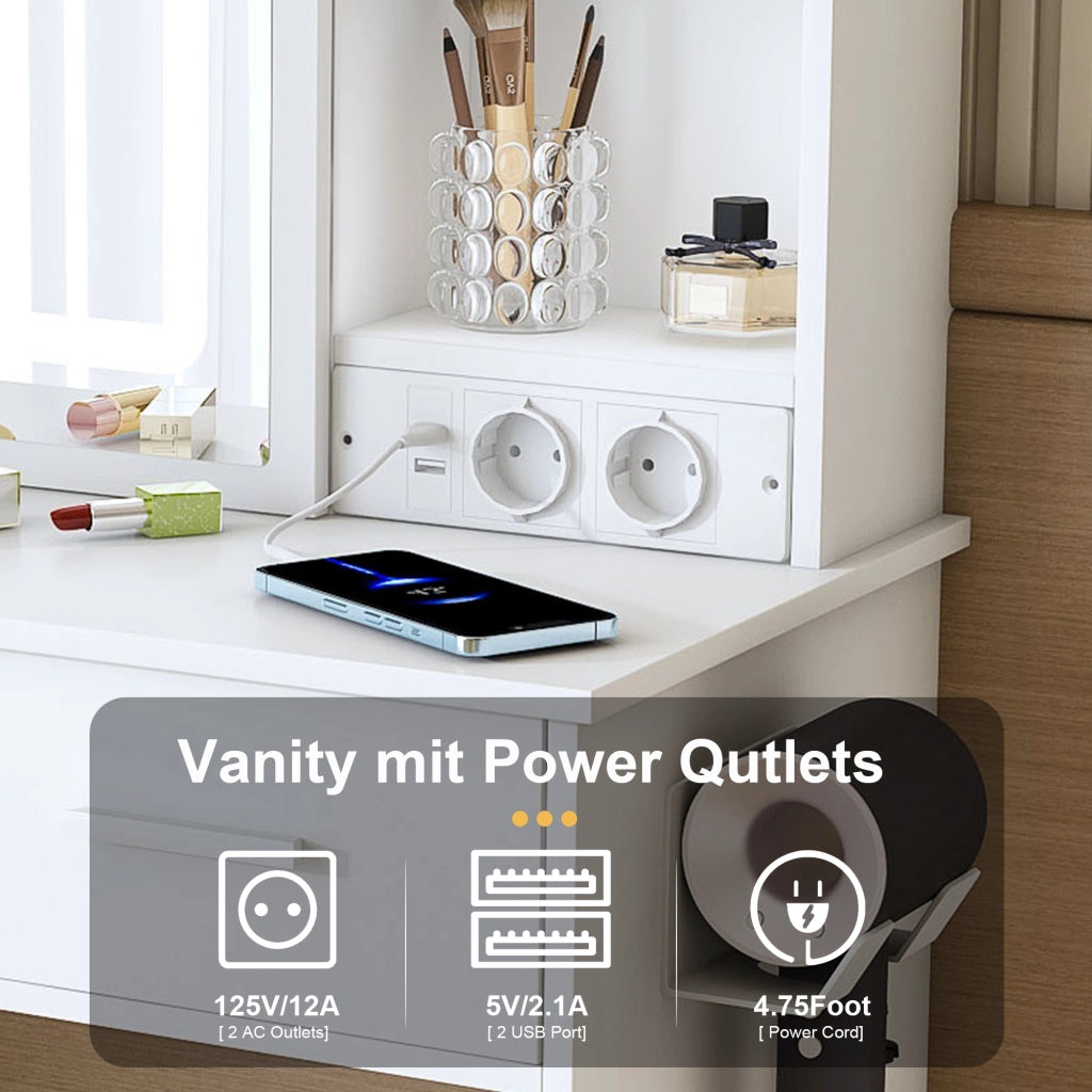 Toeletta con specchio LED regolabile; prese e USB; 2 cassetti e sgabello imbottito; MDF bianco