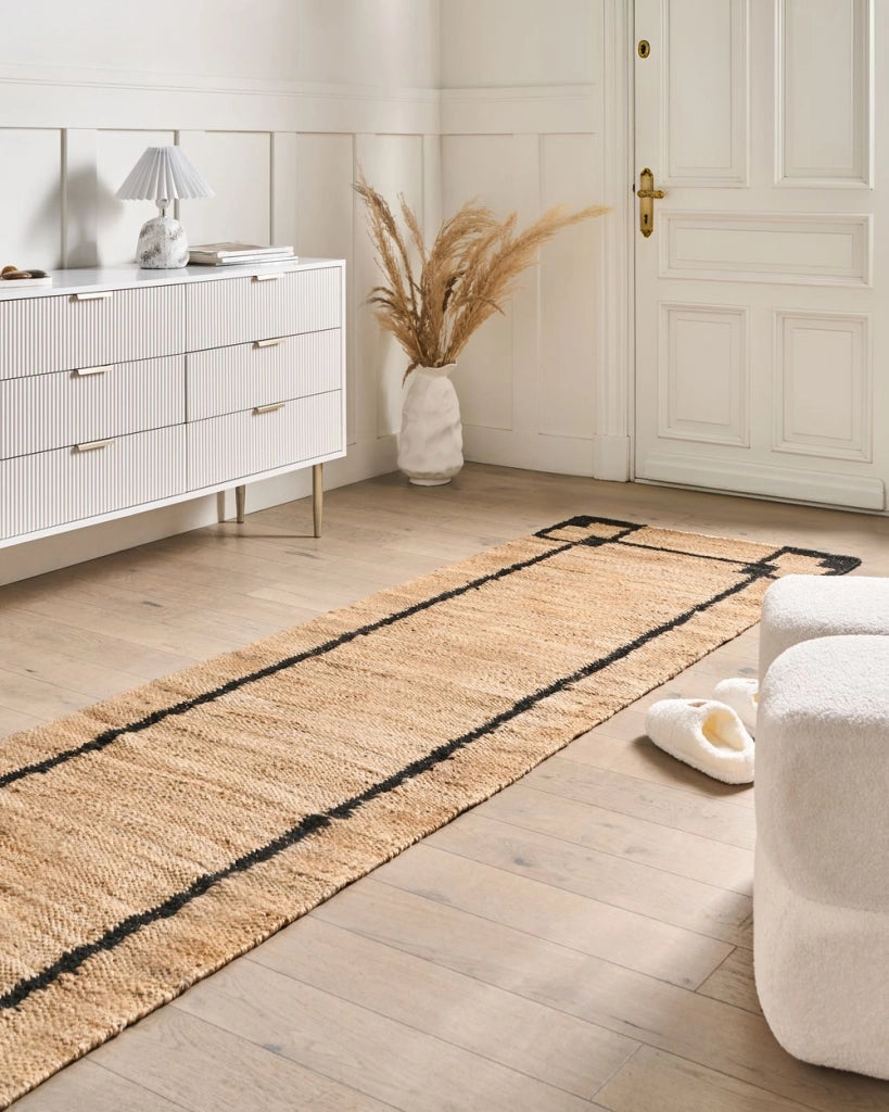 Tappeto Runner Beige e nero Iuta 80 x 300 cm con Motivo Rettangolare Tessuto Stile Rustico Soggiorno Camera Da Letto