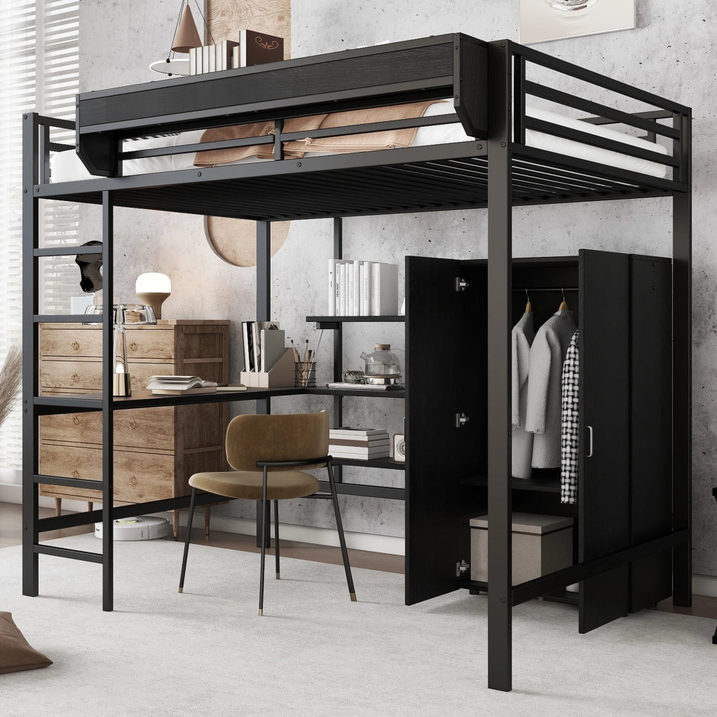 Letto a soppalco 140x200 cm con scrivania e armadio nero