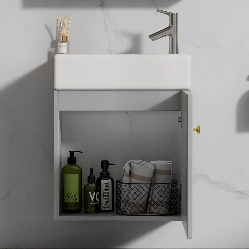 Mobile bagno ULEVR 62x54x26 cm con lavabo in ceramica e anta con chiusura ammortizzata, grigio e bianco