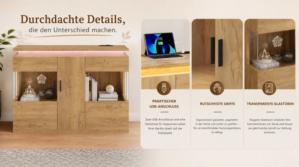 Buffet con illuminazione LED, prese USB e Type-C, anta in vetro e finitura effetto legno, 120x40x79,5 cm