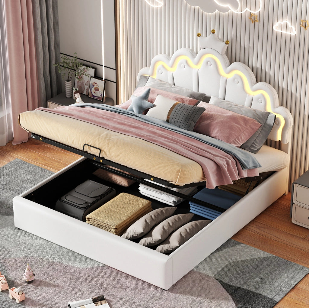 LETTO Contenitore 140x200 cm Bianco in PU con luci LED