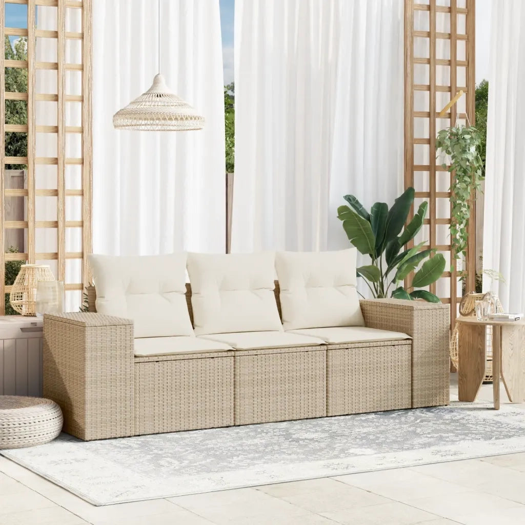 Set Divano da Giardino 3 pz | Set Salotto da Giardino con Cuscini Beige in Polyrattan