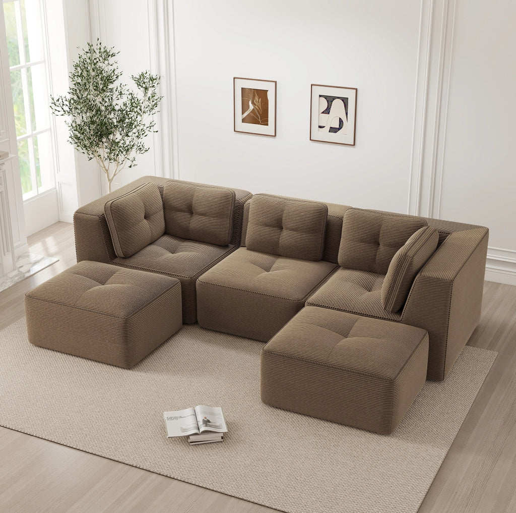 Divano modulare 297x177x69 cm in velluto a coste marrone con ottomana