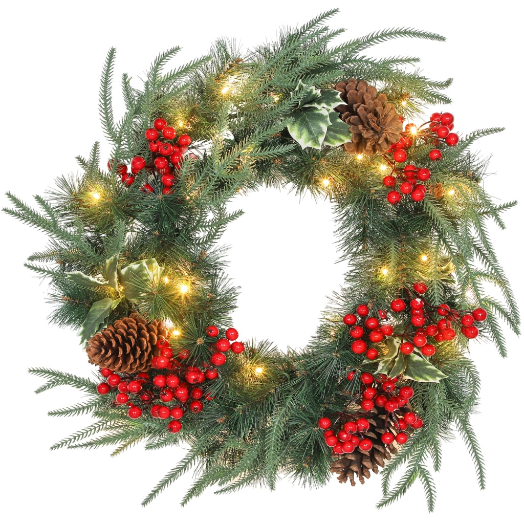 Ghirlanda Natalizia Decorativa da Interno 60cm con 35 LED Pigne Bacche e Agrifoglio