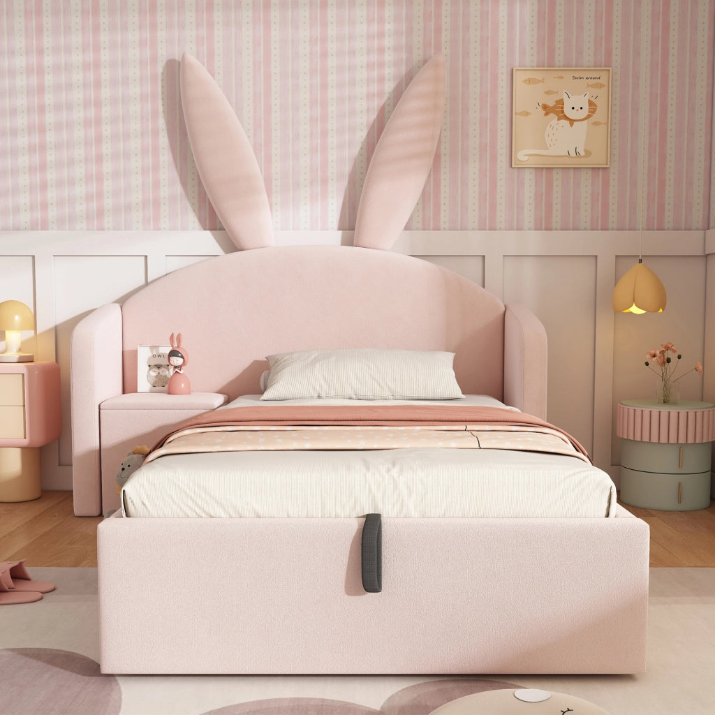Letto singolo per bambini 90x200 cm con contenitore e comodino reversibile in velluto rosa HOMVRA