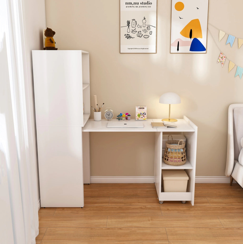 Mobile contenitore con scrivania estraibile 2 in 1 in MDF bianco HOMVRA