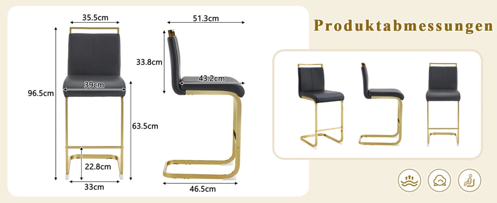 Set di 2 sgabelli da bar in stile nordico con seduta in ecopelle nera e gambe in metallo color oro