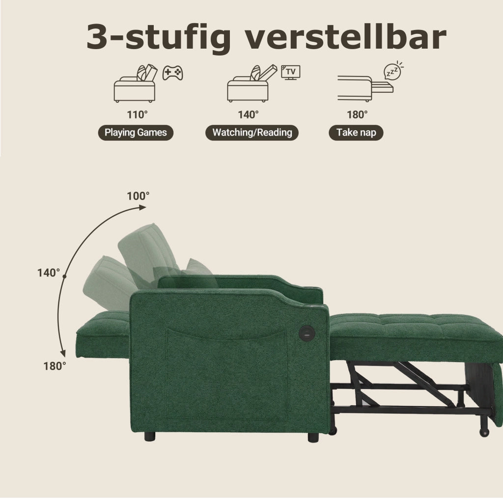 Poltrona letto 3 in 1 verde con USB; USB-C; portabevande e schienale regolabile