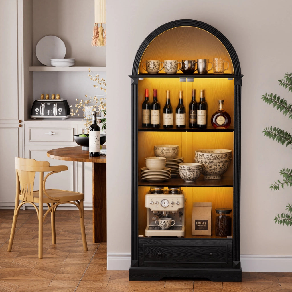 Vetrina LED con ante in vetro, nicchie aperte e sensore di movimento per soggiorno e cucina, nera, 80 × 35 × 180 cm