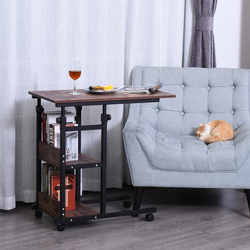 Tavolino laterale regolabile 80x40x72-82 cm con ruote e 2 ripiani in metallo marrone
