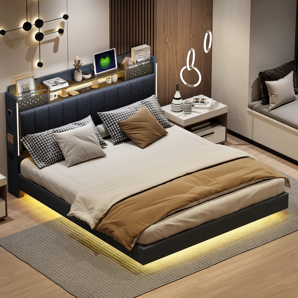 Letto matrimoniale imbottito 160 × 200 cm in lino grigio con LED USB testiera contenitore e rete a doghe