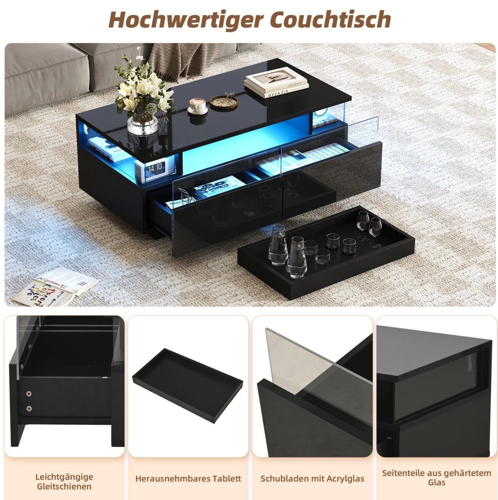 Tavolino da salotto moderno 90 x 45 x 35;5 cm nero lucido con LED; 2 cassetti e vassoio