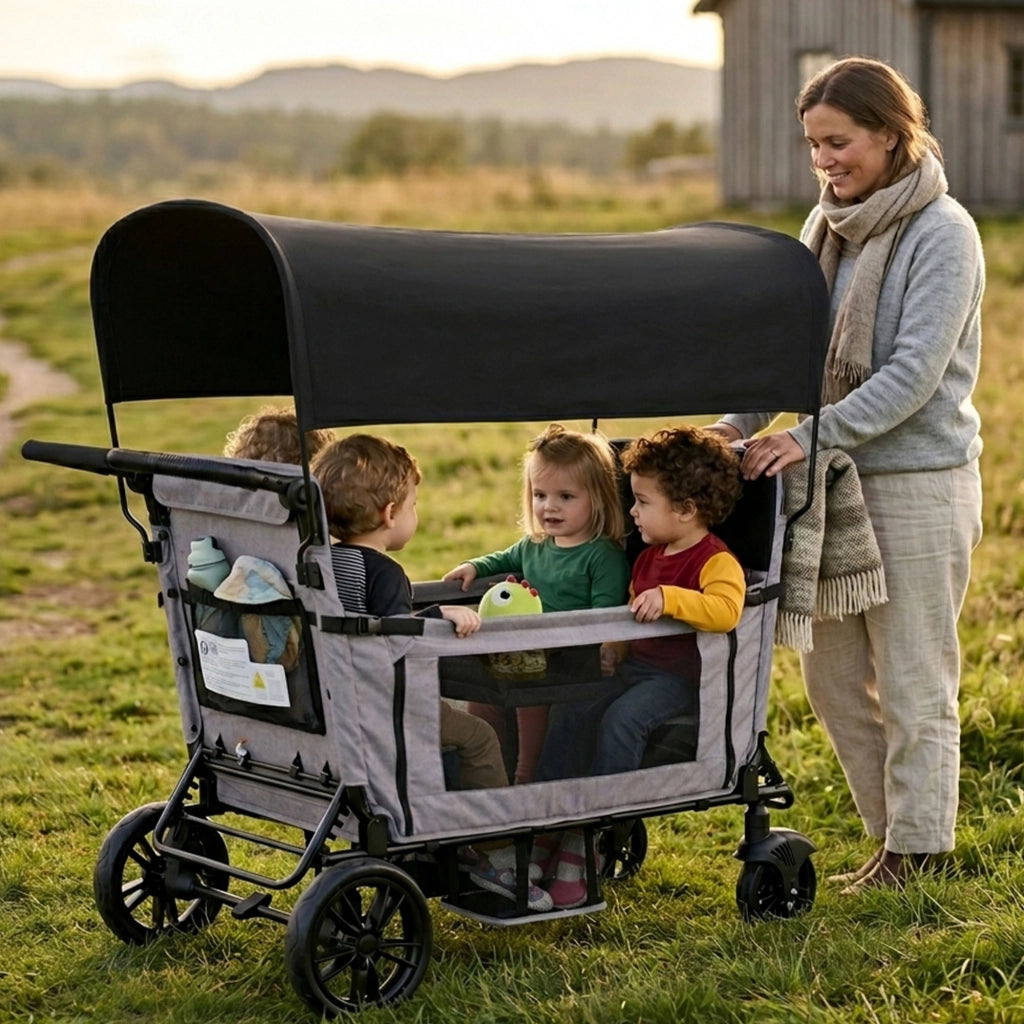 Großer Bollerwagen faltbar mit 4 Sitzen, Hellgrau, Sitz zu Großliege umwandelbar, 8-fach Griffverstellung, faltbar, mit Sonnendach & Tablett, geländegängigen PU-Rädern, Seitentasche, Getränkehalter