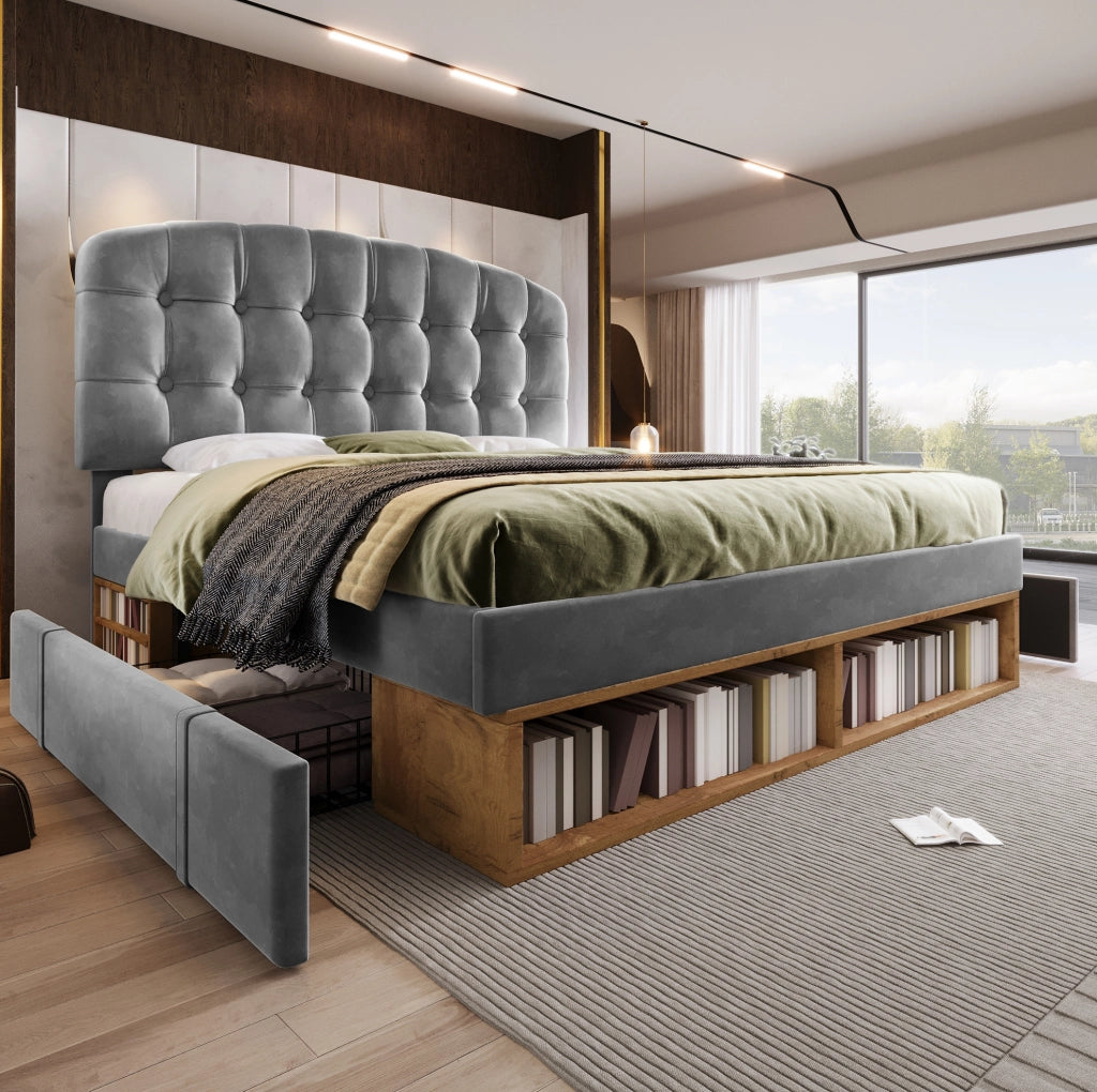 Letto matrimoniale imbottito 140x200 cm in velluto grigio con testiera regolabile, rete a doghe e cassetti contenitori