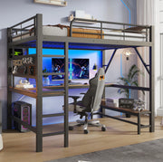 Letto a Castello 160 x 200 cm con Scrivania Scaffali LED USB Type-C Nero Senza Materasso