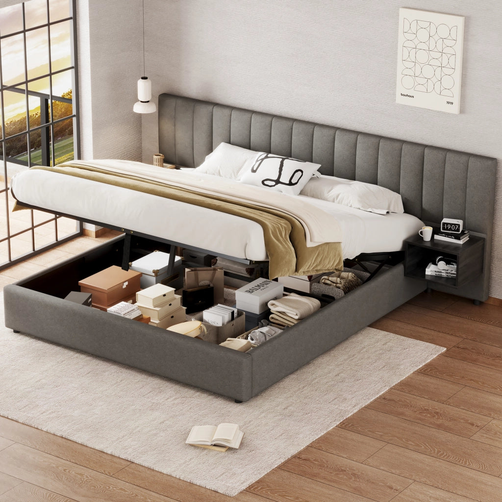 Letto imbottito con contenitore idraulico e 2 comodini, 180x200 cm, lino grigio/nero