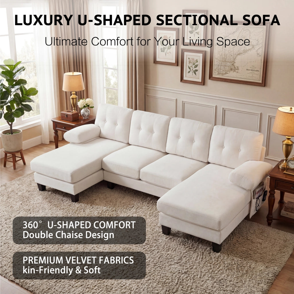 Divano panoramico con doppia chaise longue in ciniglia beige tasche laterali e braccioli rimovibili 84 × 268 × 128 cm