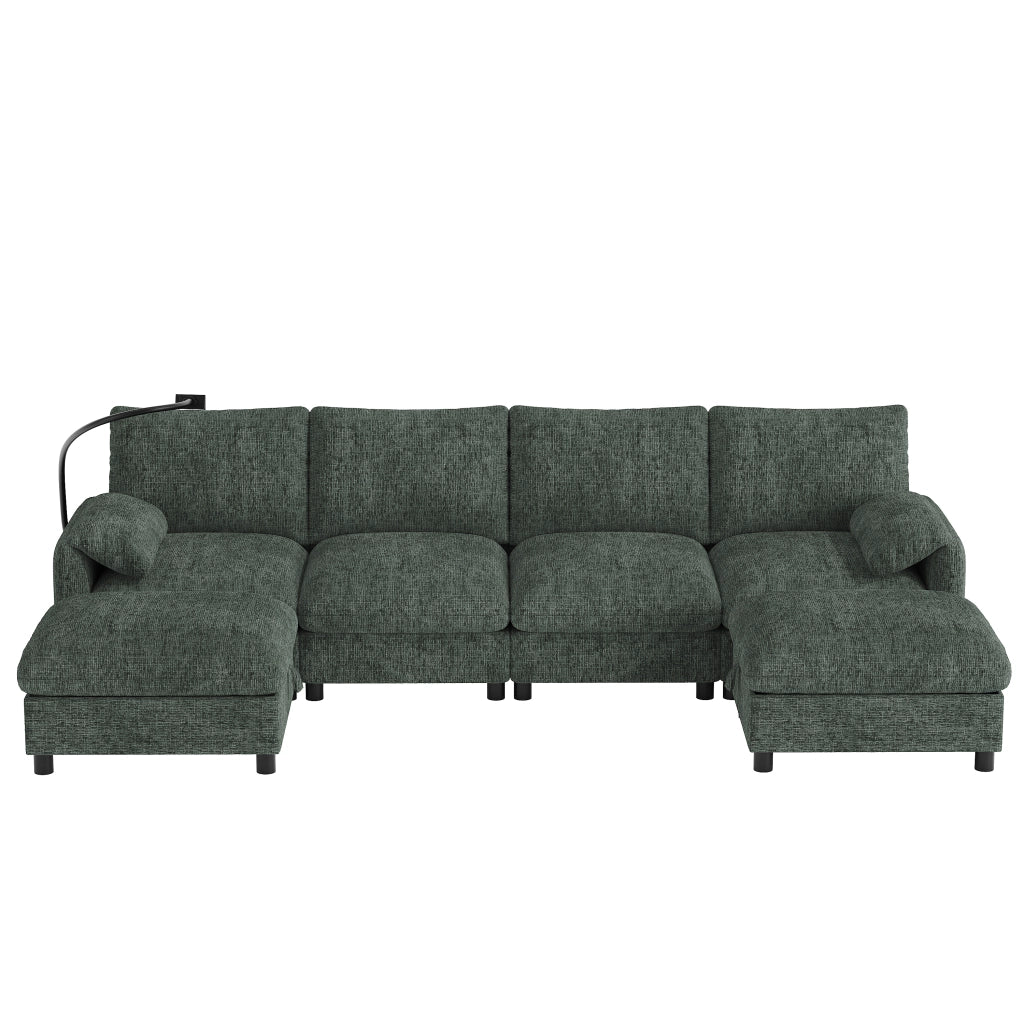 Divano modulare 6 posti a L/U con pouf contenitore; USB e Type-C; chenille verde