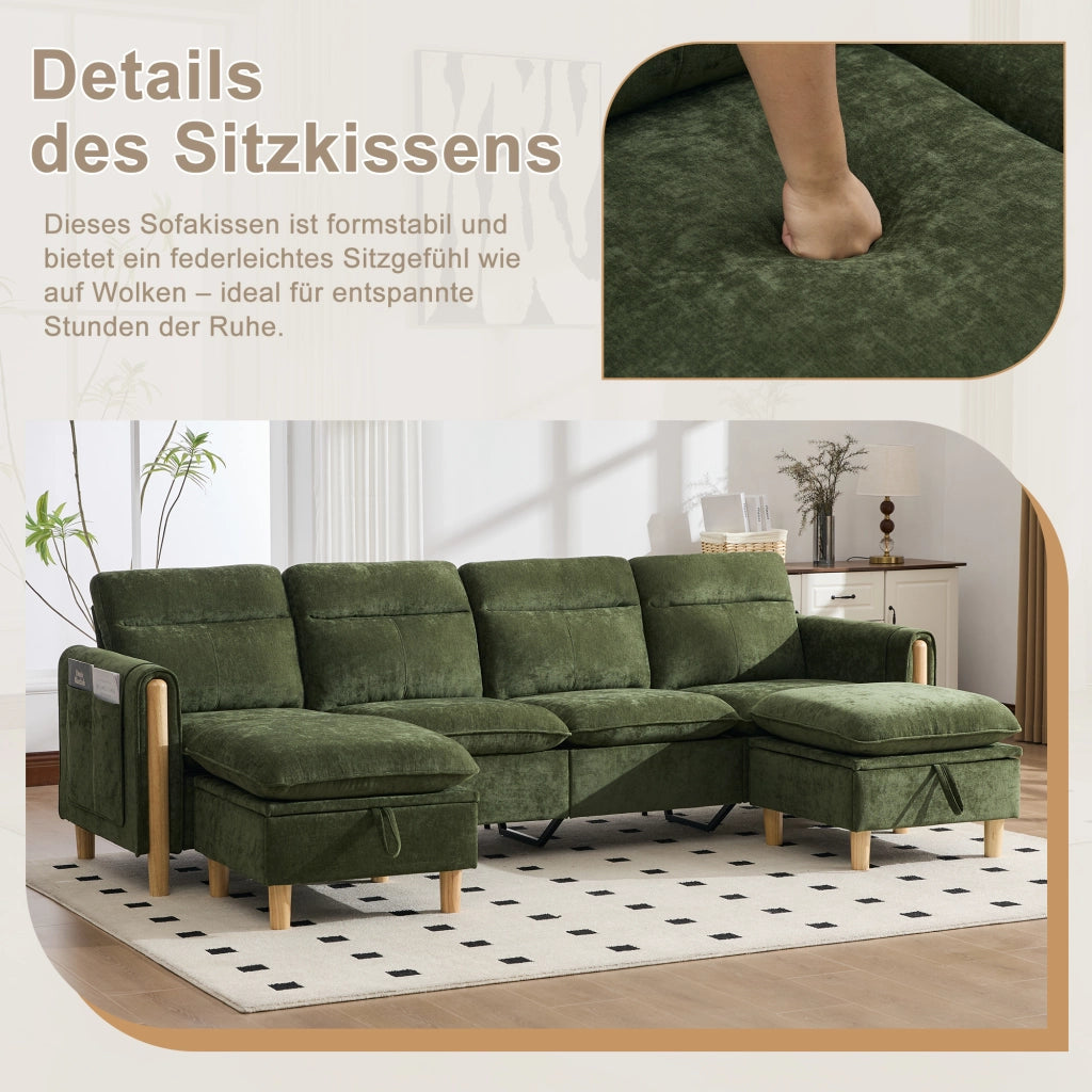 Divano modulare U a 4 posti - con contenitore e cuscini laterali - in chenille verde