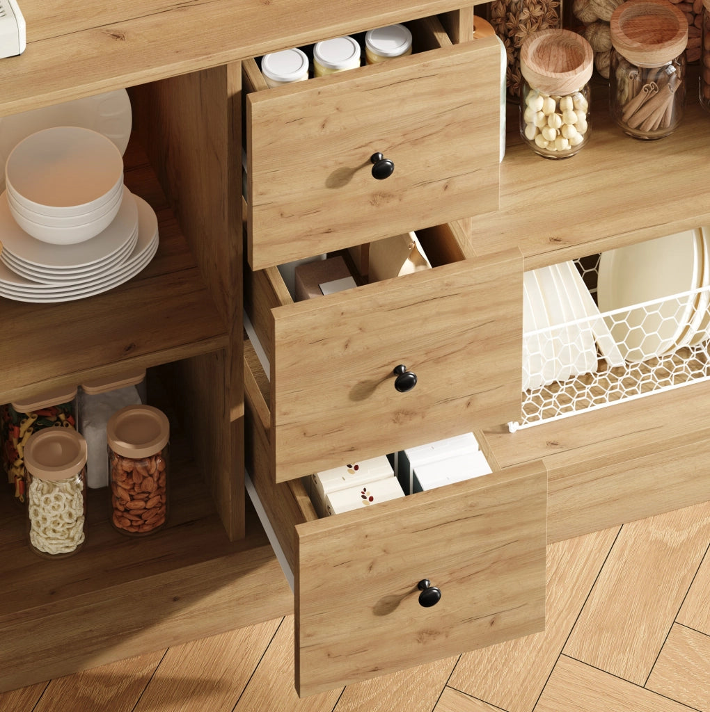 Mobile da cucina 150x40x173 cm con LED RGB, 3 cassetti e prese in MDF naturale
