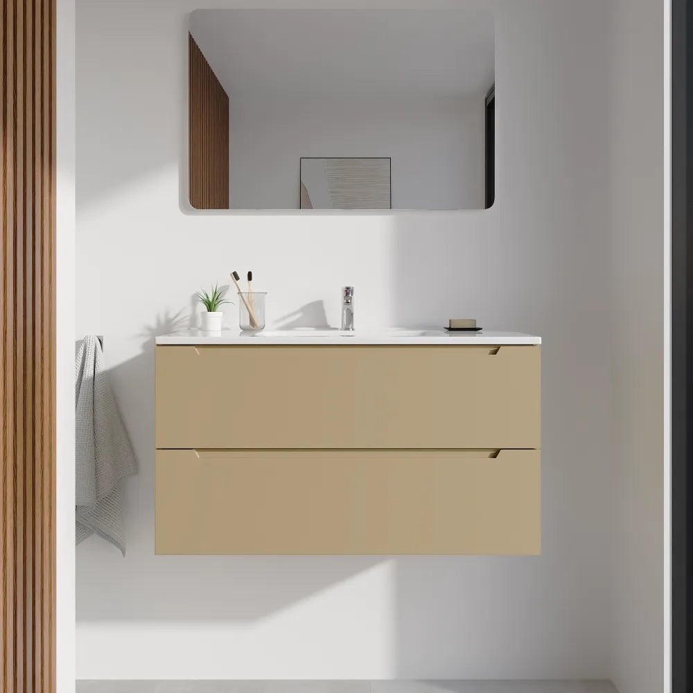 Mobile bagno sospeso 100cm sabbia opaco due cassetti soft-close con lavabo bianco lucido | Bako
