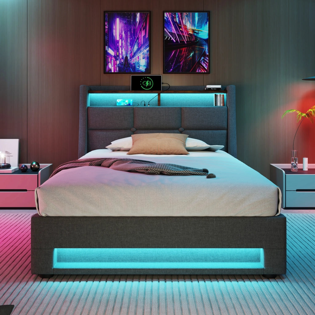 Letto contenitore 90 × 200 cm con LED e USB testiera imbottita rivestito in lino grigio rete a doghe inclusa