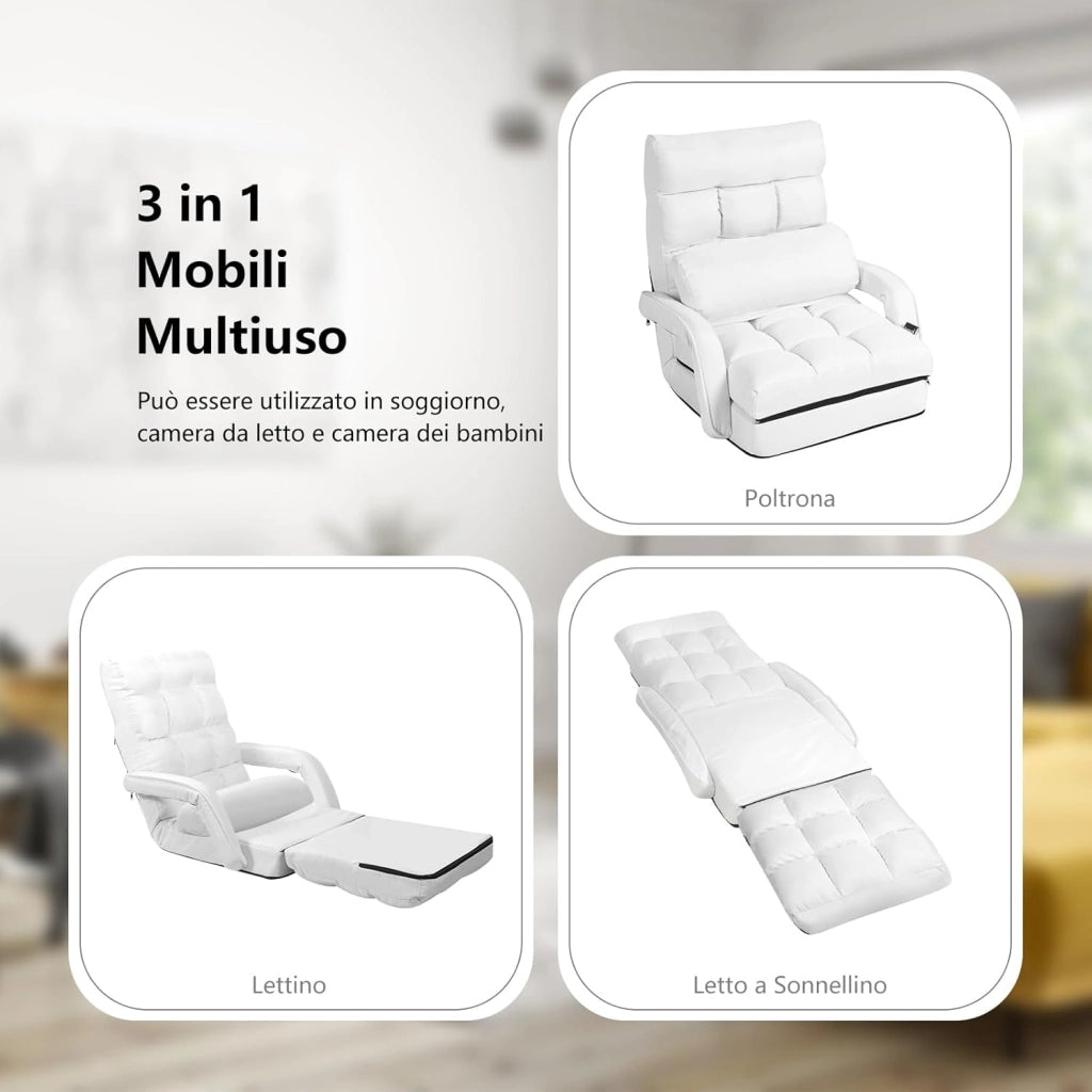 Poltrona Divano con 5 Livelli Regolabili, Sedia da Terra con Braccioli e Cuscino, Struttura in Acciaio, Multifunzione e Pieghevole per Soggiorno Camera da Letto, 55x66x71 cm (Bianco)
